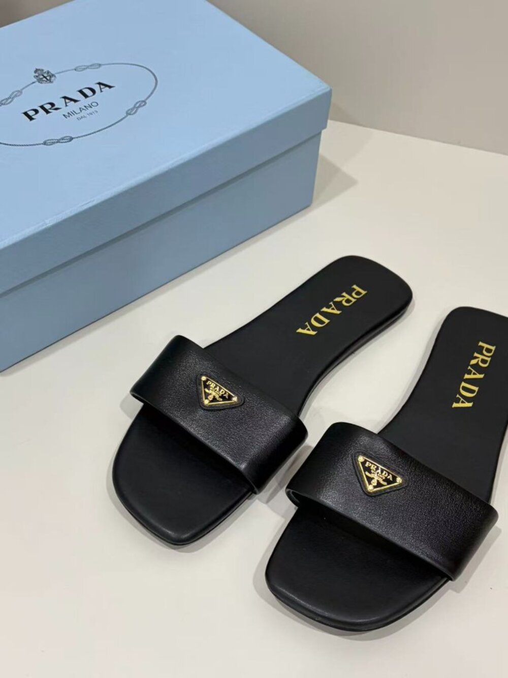 Prada Black Leather Slide Sandals